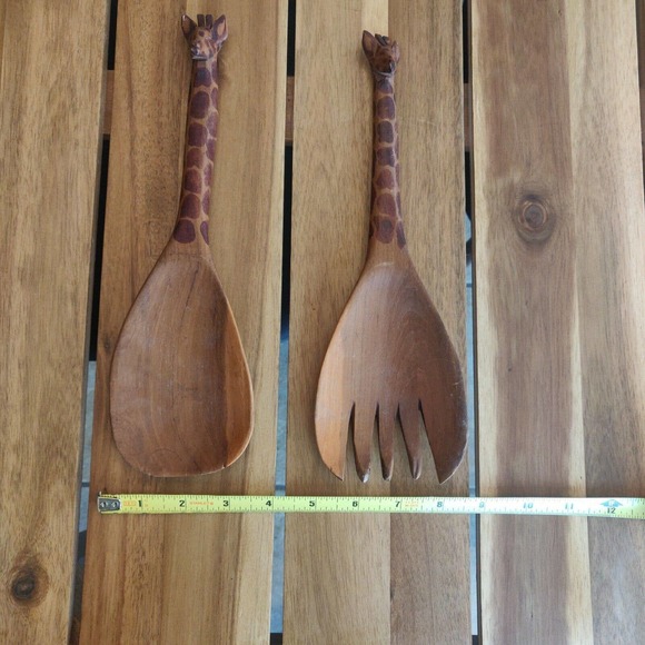 Giraffe Salad Server Set Hand Carved Wooden Spoon and Fork Whimsical Decor. - Picture 5 of 5